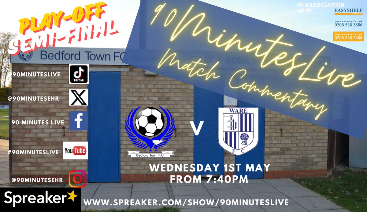 On Wednesday, we will have FULL LIVE commentary of the @SouthernLeague1 #Playoff Semi-final between @BedfordTown and @Ware_FC If you can't make the game you can join @marvotm and @symon75 on spreaker.com/show/90minutes… from 7:40pm #Easyshelf #90MinutesLive #Wareboys