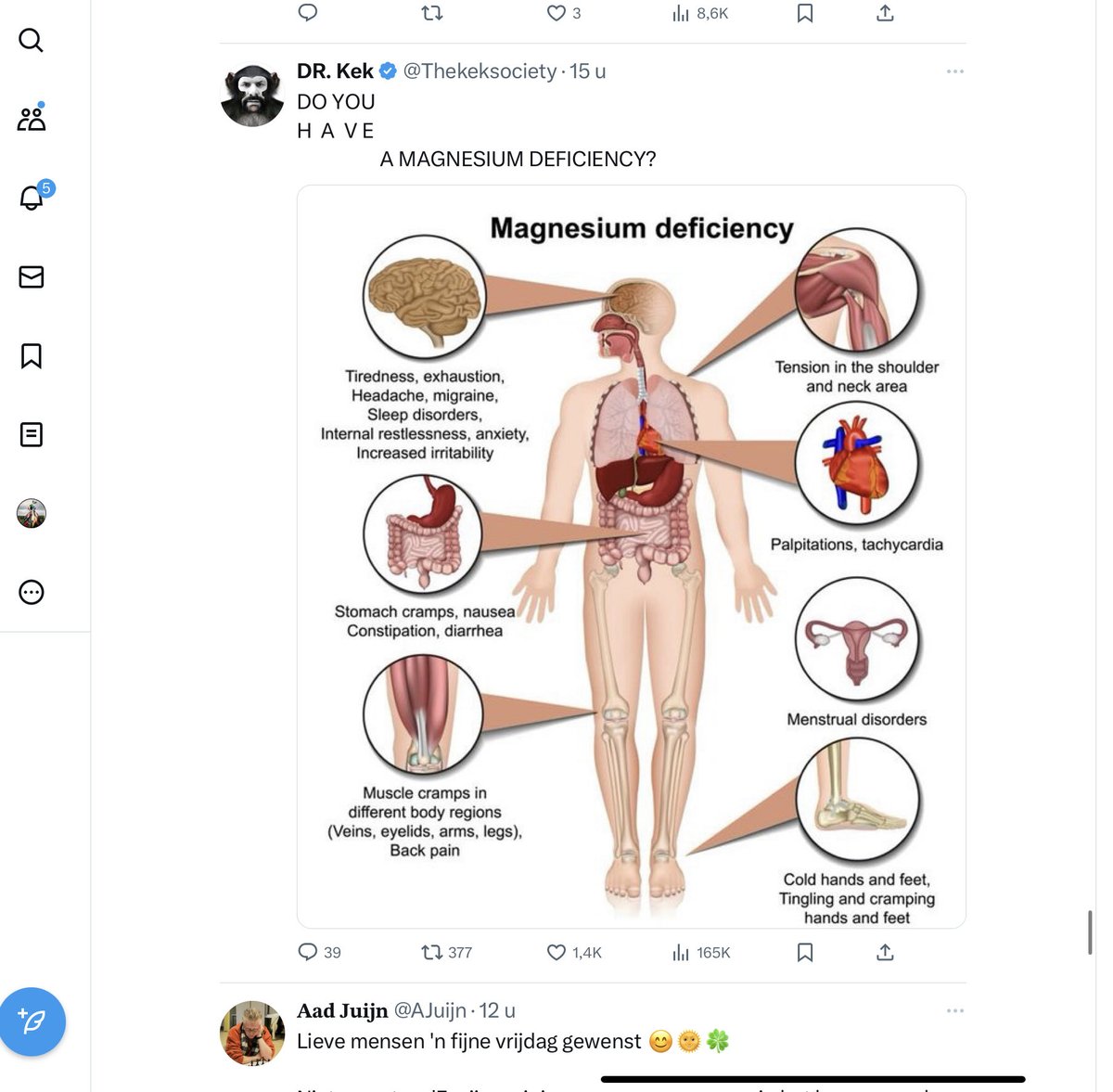 @ang_haar iets met magnesium en vitamine D tekort, geen zonlicht, binnen zitten = geen vitamine D opbouw. Voedingsstoffen zijn leeggeroofd van magnesium, sommige medicatie remt opname magnesium/vitamine D. In geval medicatie 🙏🏻bijsluiters uitpluizen.