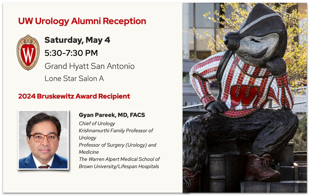 Calling all UW Urology alumni & friends attending #AUA2024! Join us for this year's Alumni Reception for a chance to catch up and help honor this year's Bruskewitz Award recipient @GyanPareek. #Urology @NakadaSteve urology.wisc.edu/alumni/