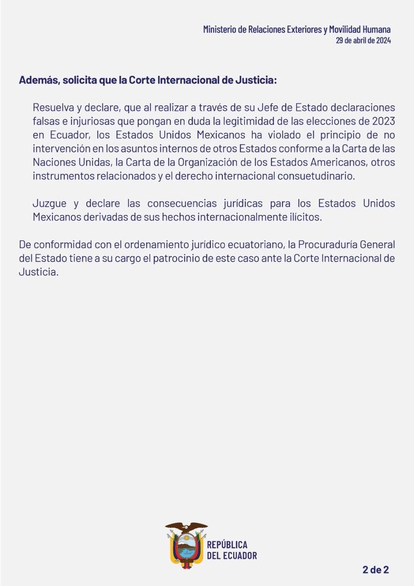 ‼️Un gobierno, señalado por foros presidenciales como el violentador de la soberanía de #Mexico, ahora quiere aparecer como víctima‼️ Ojo, la cancillería de #Ecuador le pide a la @CIJ_ICJ que “juzgue y declare las consecuencias jurídicas para los Estados Unidos derivadas de sus…