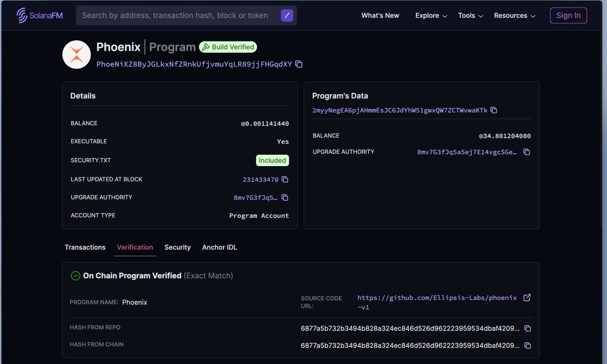 @vibes8760 @therealchaseeb @aeyakovenko @SuperteamDAO Actually, a ton of programs on Solana are using the Build Verifier tool to provide just this! @solanafm @osec_io and @jarxiao have been working with @jacobvcreech on building this into the CLI tools too solana.fm/address/PhoeNi…