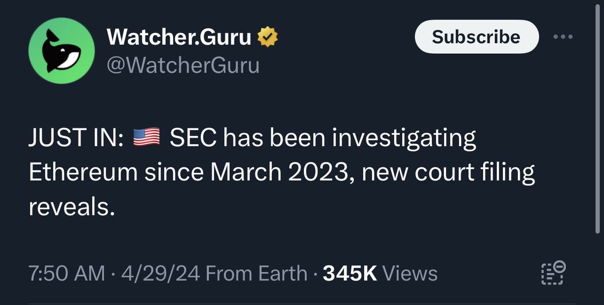 🚨 JUST IN: US Securities and Exchange Commission (SEC) has been investigating Ethereum since 2023! 🚨 New court filings reveal that the US Securities and Exchange Commission (SEC) has been investigating Ethereum since 2023. 🤯🤯 Indeed, the filings show that chairman Gary…