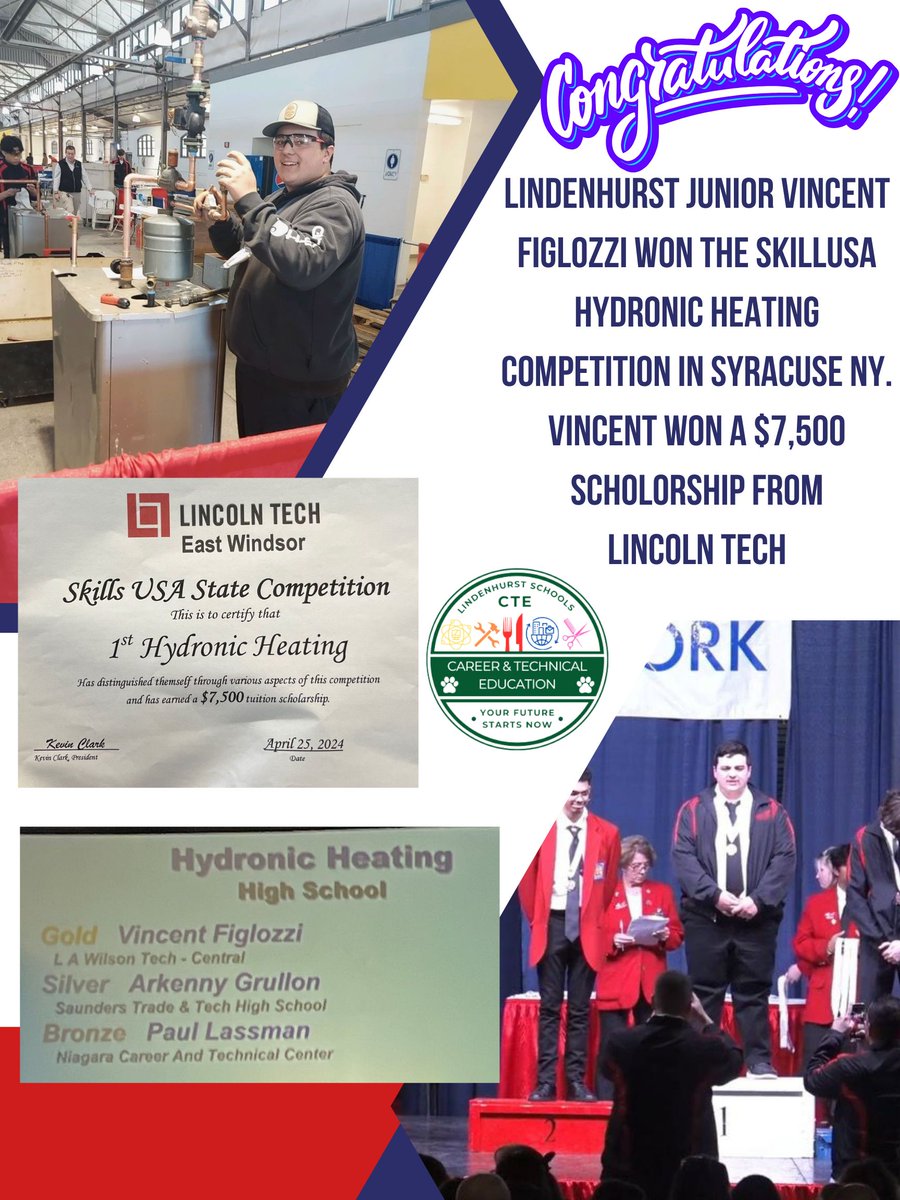 Lindenhurst high school junior Vincent Figlozzi competed in the SkillsUSA Hydronic Heating competition in Syracuse NY and earned 1st place.
He was awarded a $7,500 tuition scholarship to Lincoln Tech. @LindenhurstUFSD