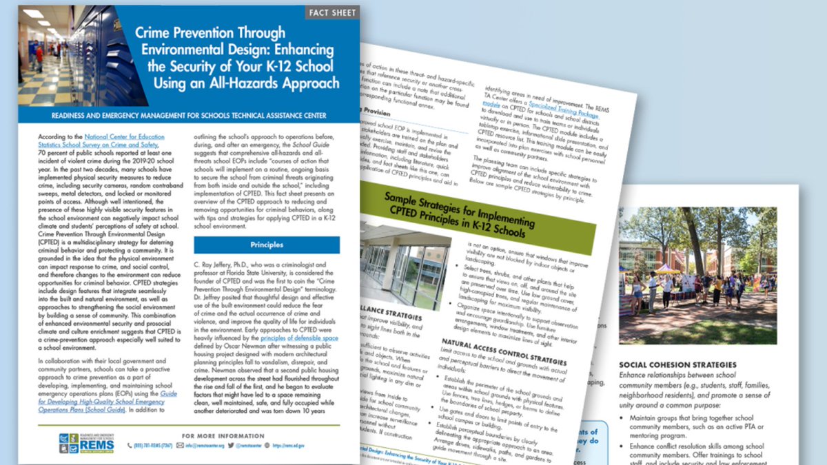 #DYK CPTED stands for Crime Prevention Through Environmental Design? This #ThrowbackThursday join Building Safety Month awareness efforts by checking out this @remstacenter publication from last year on implementing CPTED in K-12 environments:

rems.ed.gov/docs/CPTEDK12F…