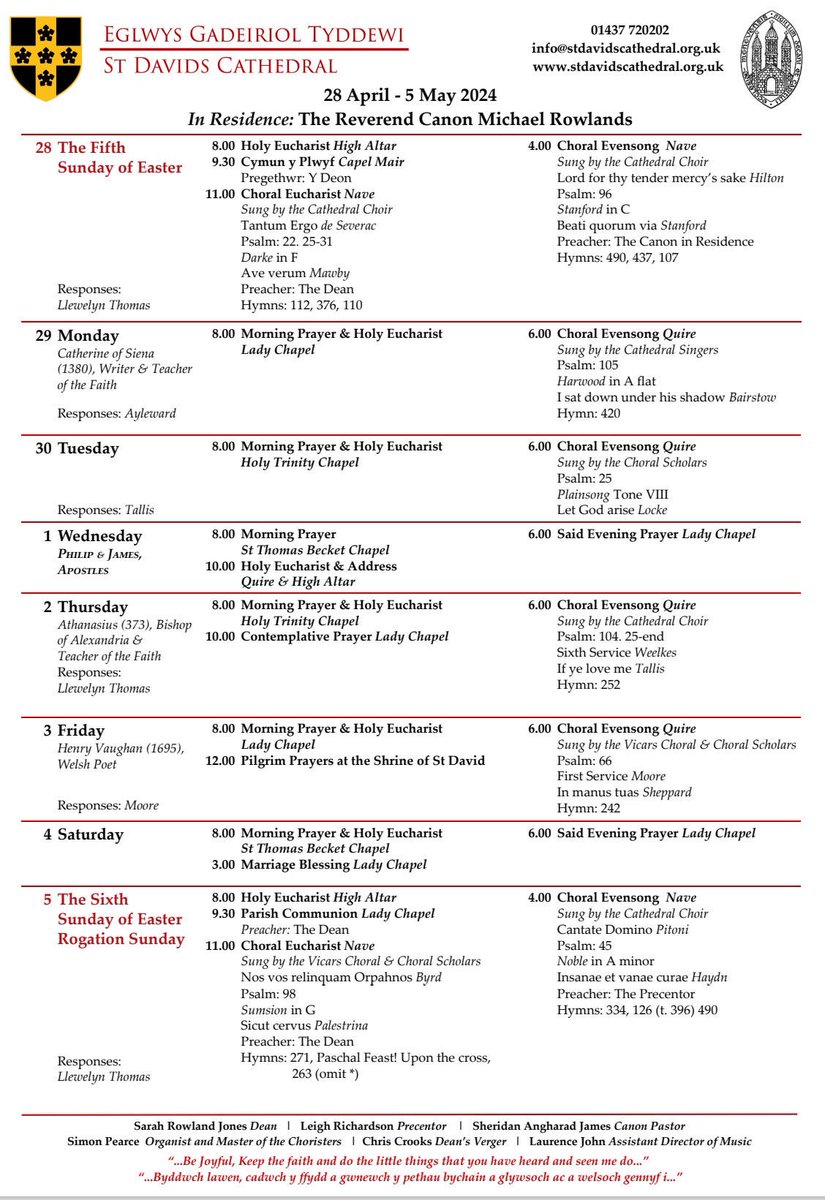 This week’s schedule of services and music list