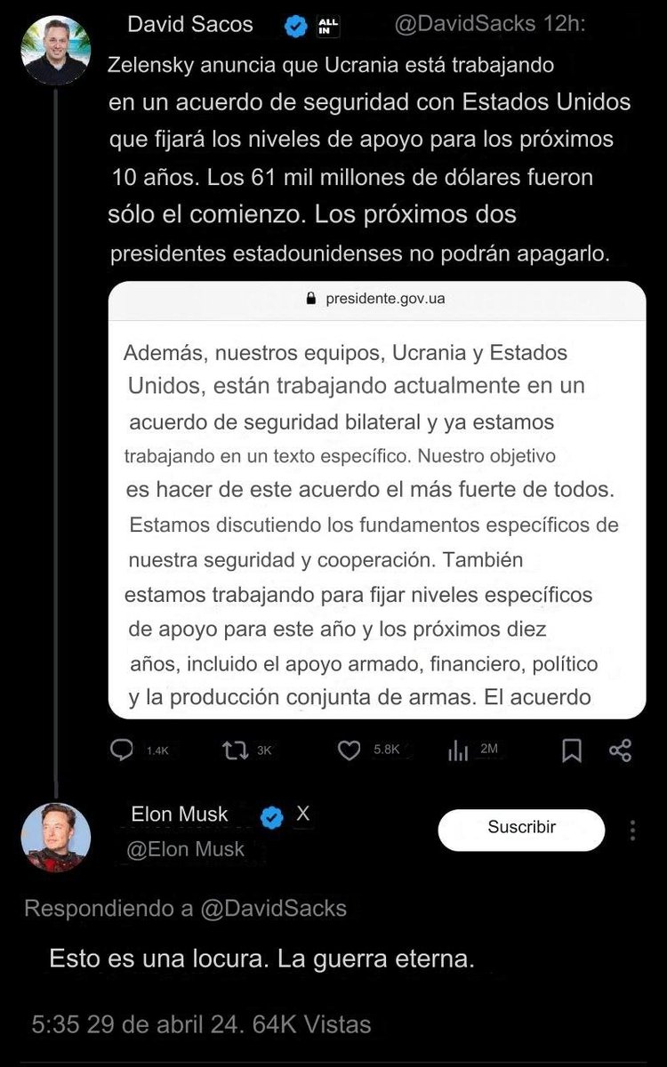 🇺🇦🇺🇸 Ucrania y Estados Unidos aparentemente están negociando un acuerdo de seguridad de 10 años que incluiría paquetes de asistencia regulares... Elon Musk no está contento