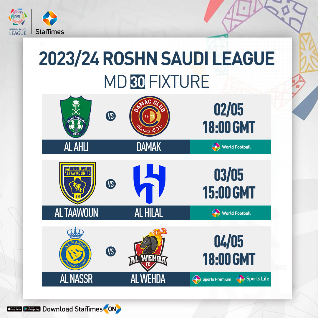 𝗥𝗢𝗦𝗛𝗡 𝗦𝗔𝗨𝗗𝗜 𝗟𝗘𝗔𝗚𝗨𝗘 𝗠𝗗𝟯𝟬 Catch all the live action & in HD on StarTimes Sports Channels & StarTimes ON App 📲 bit.ly/464MxvT #saudileague #saudi #alnassr #saudifootball #AlHilal #CR7 #Benzema #Neymar #Mane #Ronaldo #CristianoRonaldo #SaudiProLeague