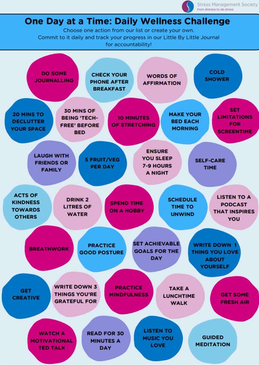 As we come to the end of #StressAwarenessMonth , hopefully everyone has become a little more attentive and in tune with their own needs. If you still need some help, why not take it a day at a time and try one of these each day!

#Littlebylittle #onedayatatime #selfcare