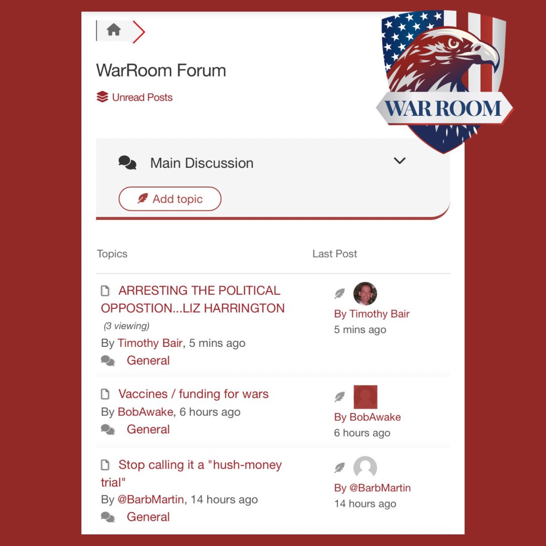 📣 POSSE... Join the WarRoom Message Board FORUM at warroom.org/community/. Connect with the Posse: Post any upcoming events, advocacy websites, campaign volunteer requests in your state, also discuss show topics, current event, etc—all in one centralized hub! WarRoom Force…