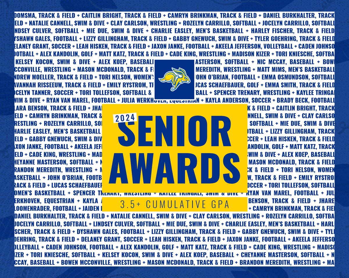 Senior Awards! 💙 SDSU student-athletes work hard to make a difference on the playing field, in the community, & in the classroom.. These student-athletes will graduate with a GPA of 3.5+ in their time at @SDState. Congratulations, Jackrabbits! #GoJacks 🐰