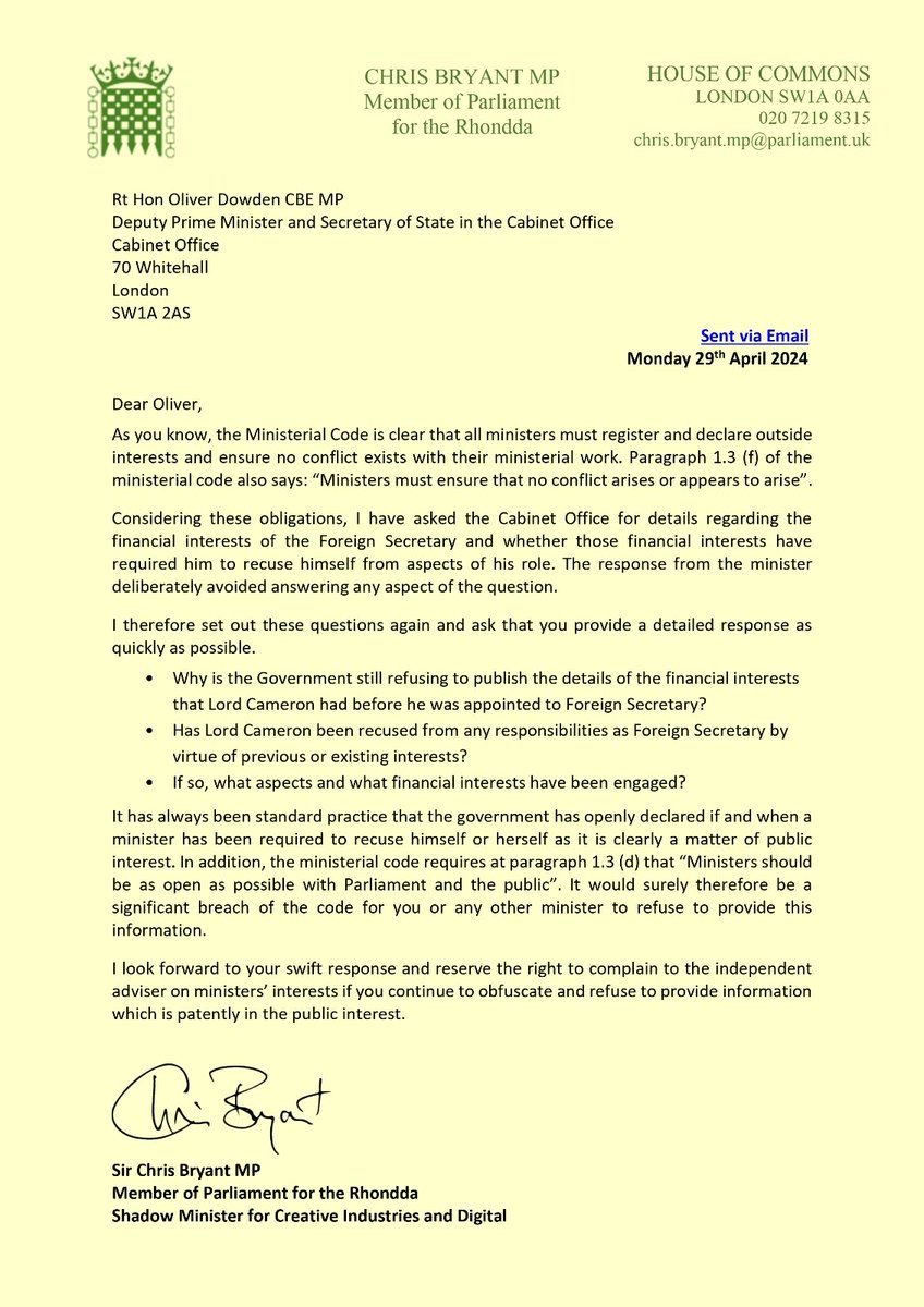 BREAKING NEWS: @RhonddaBryant has written to @OliverDowden about the government 'failing to meet the ministerial code requirement for transparency about @David_Cameron possibly being recused from aspects of his work due to financial interests'. How can this be tolerated?