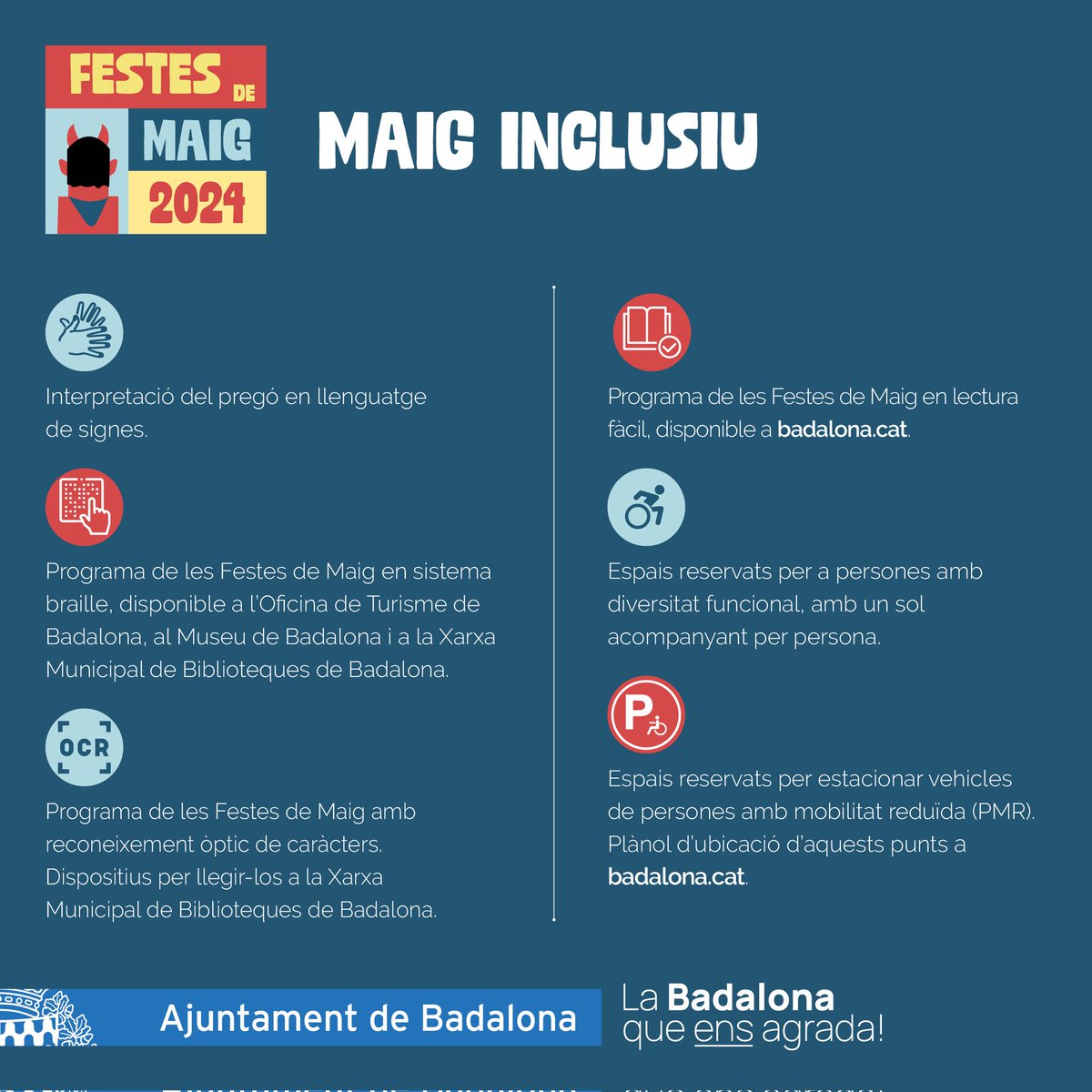 L'Ajuntament de #Badalona aposta, un any més, per l'organització d'unes #FestesdeMaig inclusives i accessibles, que permetin gaudir de les festes a tota la ciutadania sense discriminacions. 👉 Consulta totes les mesures d'accessibilitat a badalona.cat/es/servicios-a…