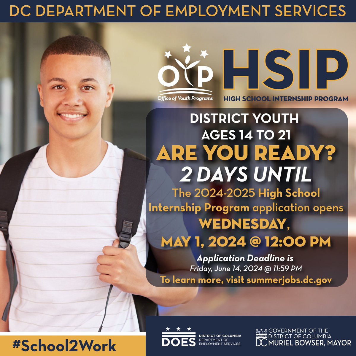 📣 District youth ages 14 - 21! Are you ready? The 2024-2025 High School Internship Program application opens May 1, 2024, at 12:00 PM! To learn more, visit summerjobs.dc.gov. #School2Work #HSIP