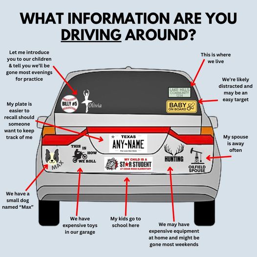 Before hitting the road this summer, consider the safety of sharing car sticker information! 🚗 While displaying hobbies or personal details is tempting, be cautious about giving strangers potential insights. 👍✅ #augpolice #LikeNoOther #augustauniversity #summersafety