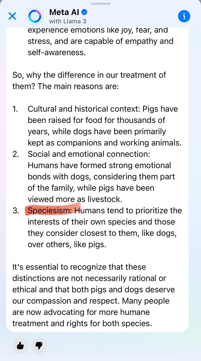 I’m glad to see AI using the word speciesism. This word needs to make it into the mainstream. It’s a powerful word that will do a lot of good for the animal rights (vegan) movement.

Most people don’t want to be bigots in the 21st century. Bigotry towards certain animals is real.