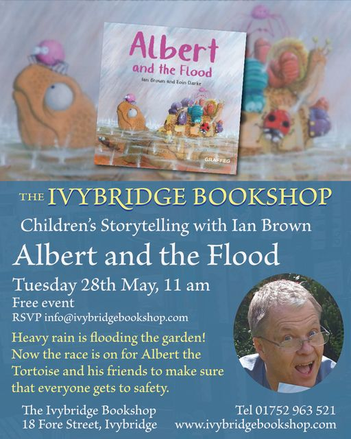 Our #ALBERTthetortoise #HuggnBugg #picturebooks #storytime splashes down for a return visit to @ivybridgebooks #Ivybridge #Devon on May 28 to launch new ALBERT #picturebook ALBERT AND THE FLOOD. #Tortoises, #yetis, #dinosaurs, giveaways. AlbertTortoise.com #newbook #tortoise