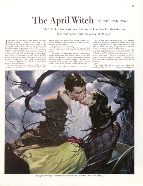 Since it's April, we thought it would be the perfect time to spotlight this beautiful tear sheet and illustration of Bradbury’s “The April Witch,” which appeared in the April 5, 1952, issue of The Saturday Evening Post! bit.ly/4aY1l2O #RayBradbury #TheSaturdayEveningPost