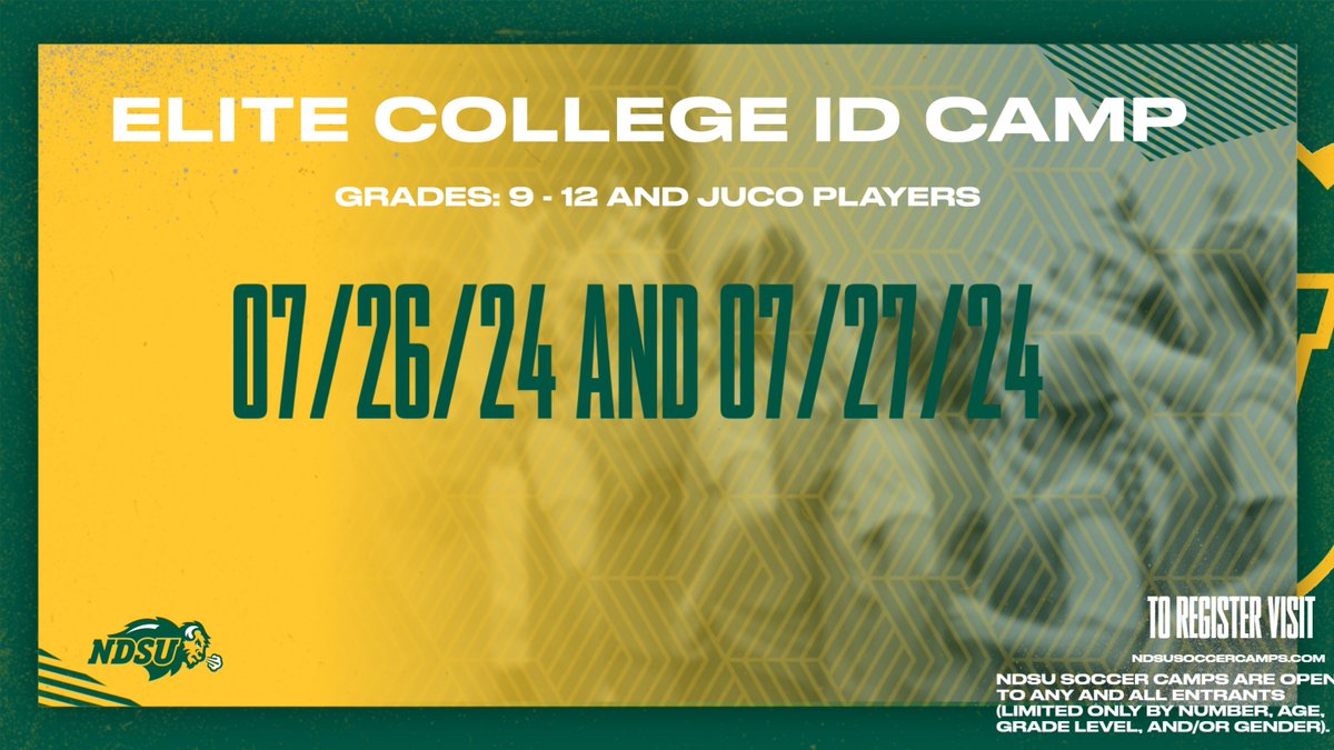 Claim 𝐘𝐎𝐔𝐑 spot before it's gone! Join our NDSU Women's Soccer Elite College ID Camp in July! 𝙎𝙥𝙖𝙘𝙚 𝙞𝙨 𝙡𝙞𝙢𝙞𝙩𝙚𝙙. Register online today at ndsusoccercamps.com 🤘 #GoBison 🦬