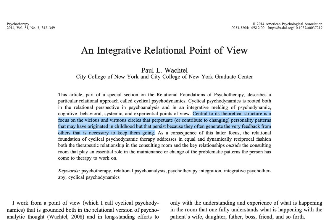 Too bad academic psychologists don't know psychoanalysts have been writing for >100yrs about how we recreate relationship patterns—shaped by early formative relationships & endlessly repeated

Paul Wachtel introduced term “cyclical psychodynamics” for this
apa.org/pubs/journals/…
