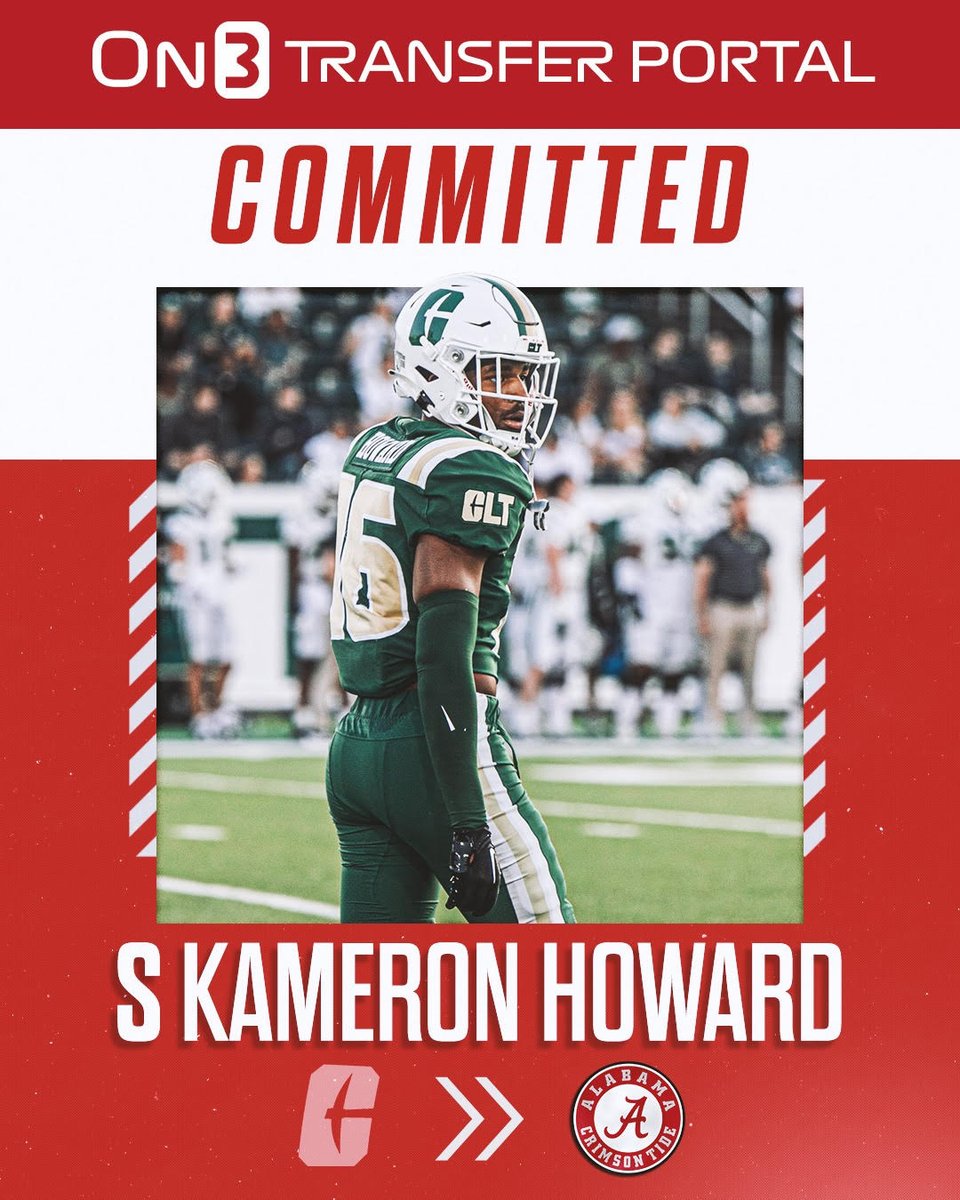 NEWS: Charlotte transfer DB Kameron Howard has committed to Alabama🐘 Howard had 38 tackles and 2 interceptions as a true freshman this past season. on3.com/news/charlotte…