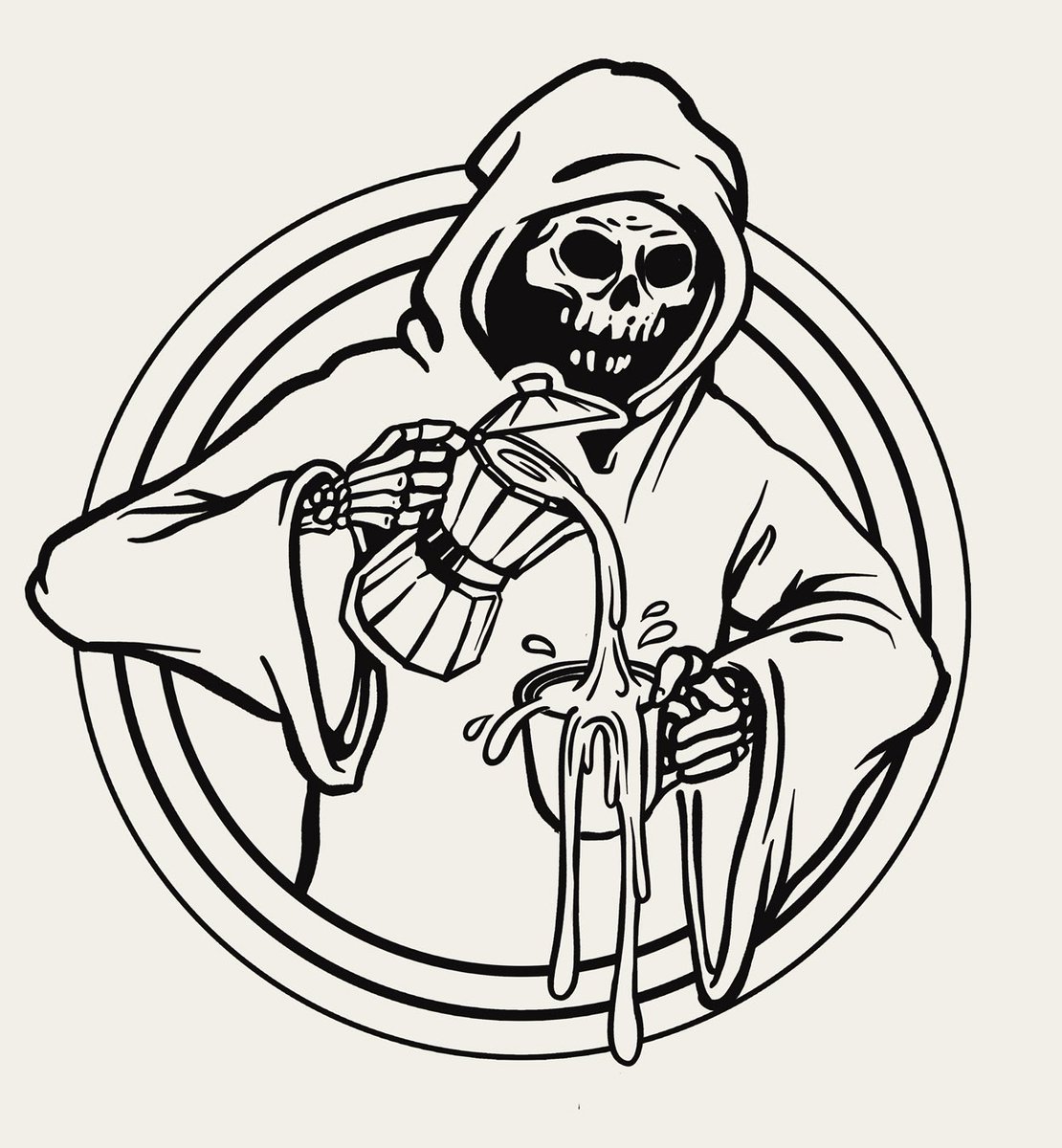 splitplug's tweet photo. Sharing some of my art process, with the pencils, inks, colors, and final illustration for my Cult of  Coffee design.  #cultofcoffee #coffee #horrorart https://t.co/9HC404Rjdb