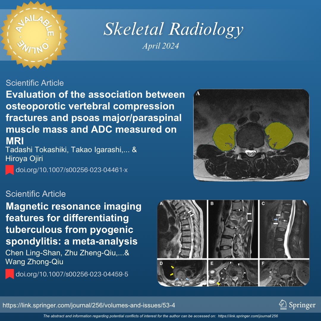 Access the April issue of the Skeletal Radiology Journal

To read the full articles, use the following links:

🔴 rdcu.be/dE8NO

🔴 rdcu.be/dE8PW

#SkeletalRadiology #SkeletalJournal #MSKrad #orthopedics #radres #pathology