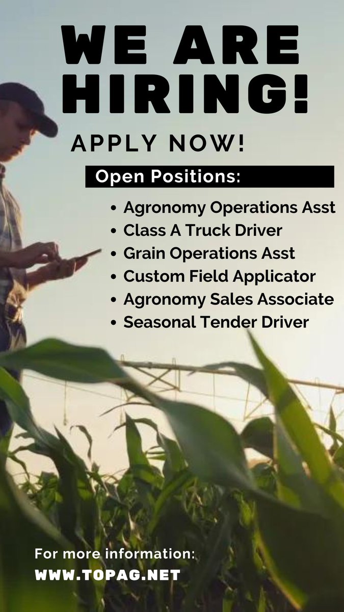 Topagcoop's tweet photo. Join the Top Ag Cooperative family! We're happy to announce that we have multiple job opportunities available! Whether you're passionate about agriculture, operations, sales, or transportation, we've got a place for you to thrive and grow with us.
https://t.co/fmrPfuRdg9 https://t.co/VZ7mGwfW8U