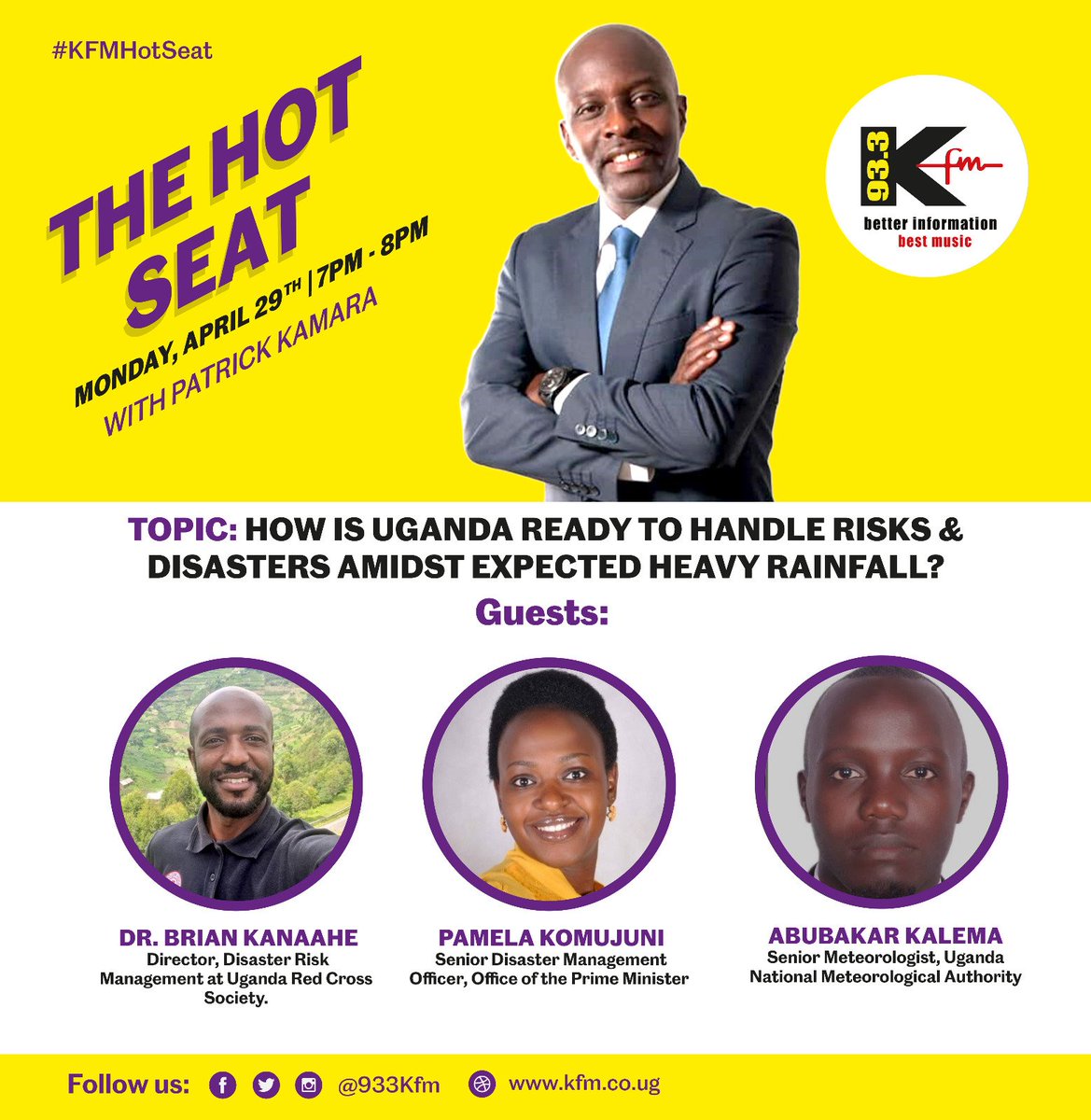 How is Uganda ready to handle risks and disasters amidst the heavy rains? Tune in to @933kfm this evening and learn from the experts. Listen to @DrBrianBilalK , @UgandaRedCross , Pamela DRR expert working with @OPMUganda and Abubaker Kalema @MeteoUganda