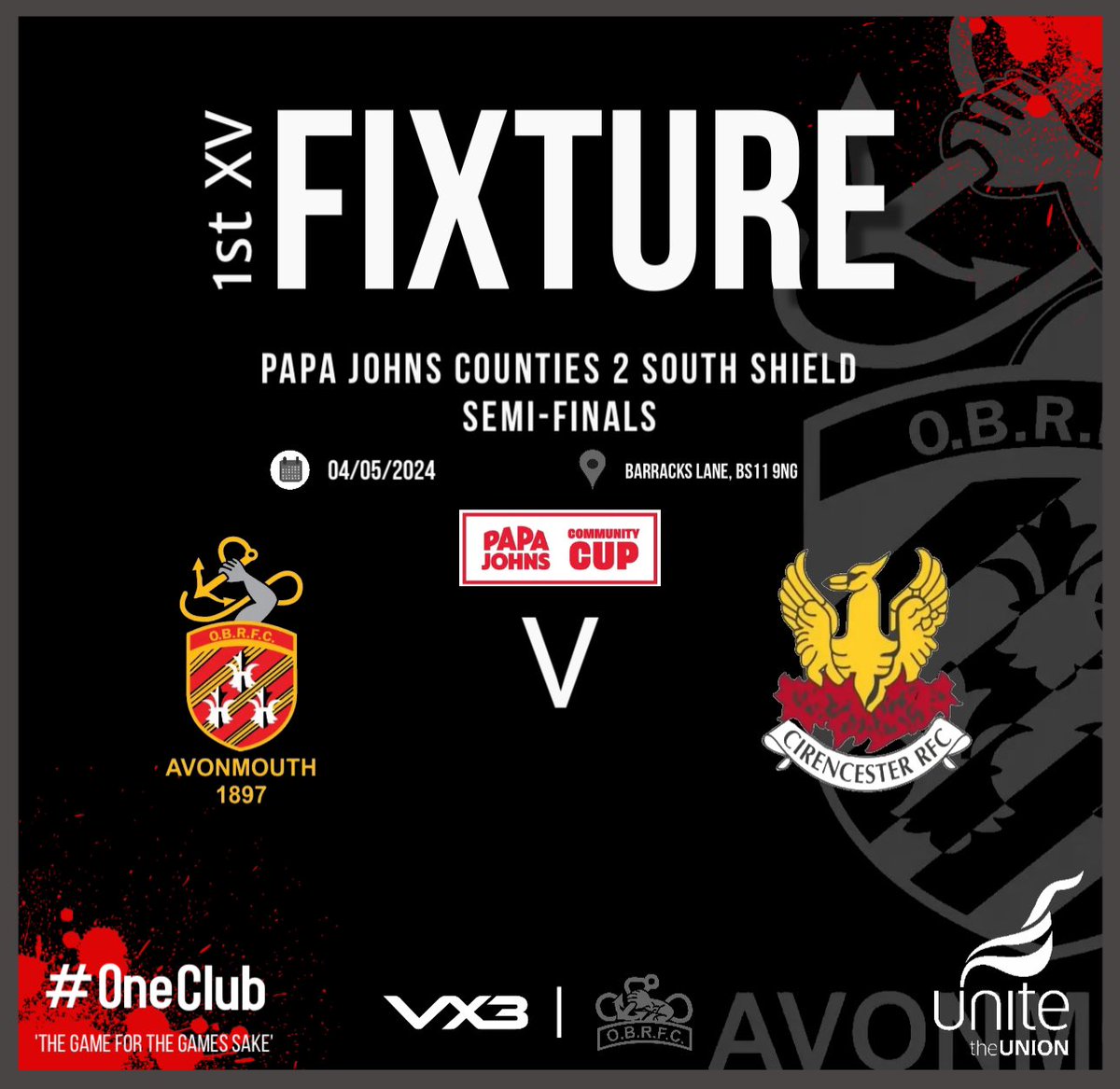Fixture⤵️ This weekend will see our 1’s face @CirencesterRFC at Home in the Semi-Final Papa Johns Community Cup - Counties 2 South Shield. KO 3pm, Barracks Lane… ⚫️🔴⚫️ @GRFUrugby @swsportsnews @BSDistrictRugby @PapaJohnsUK