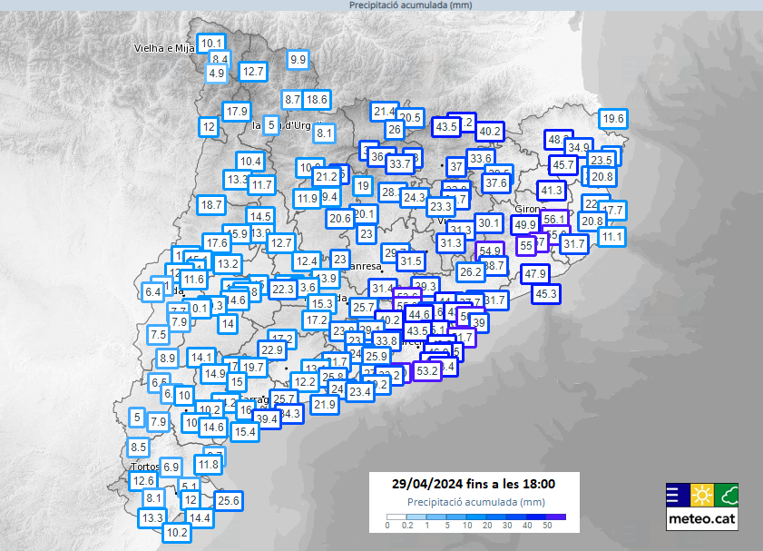 Segueix plovent a gran part de Catalunya i al conjunt del país ja és el dia més plujós des del 15/09/2023. Fins a les 6 de la tarda s'han recollit de 20 a 60 mm a la meitat est i de 5 a 20 mm a l'oest, on ara plou amb més ganes. Totes les dades👇 meteo.cat/observacions/x…