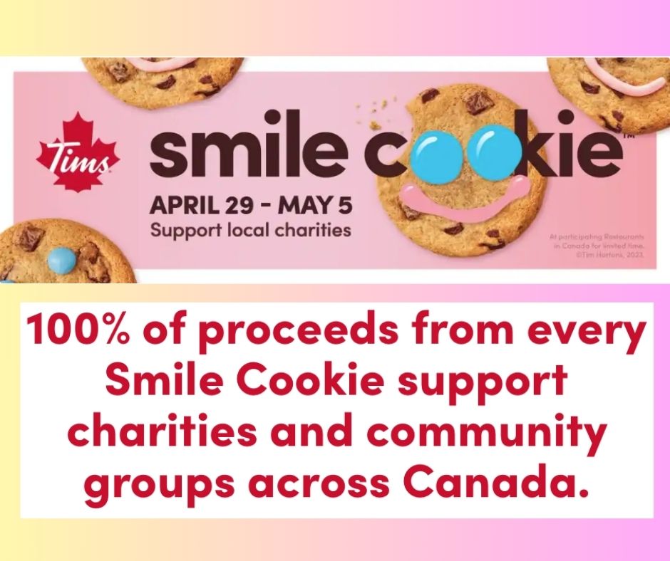 😊🍪  #SMILEcookies are back! Swing by any #TimHortons between April 29 - May 5 & treat yourself to the deliciousness of a SMILE cookie. Every purchase during this campaign goes towards supporting #charities & #communities across #Canada. Spread smiles, one cookie at a time! 😊🍪