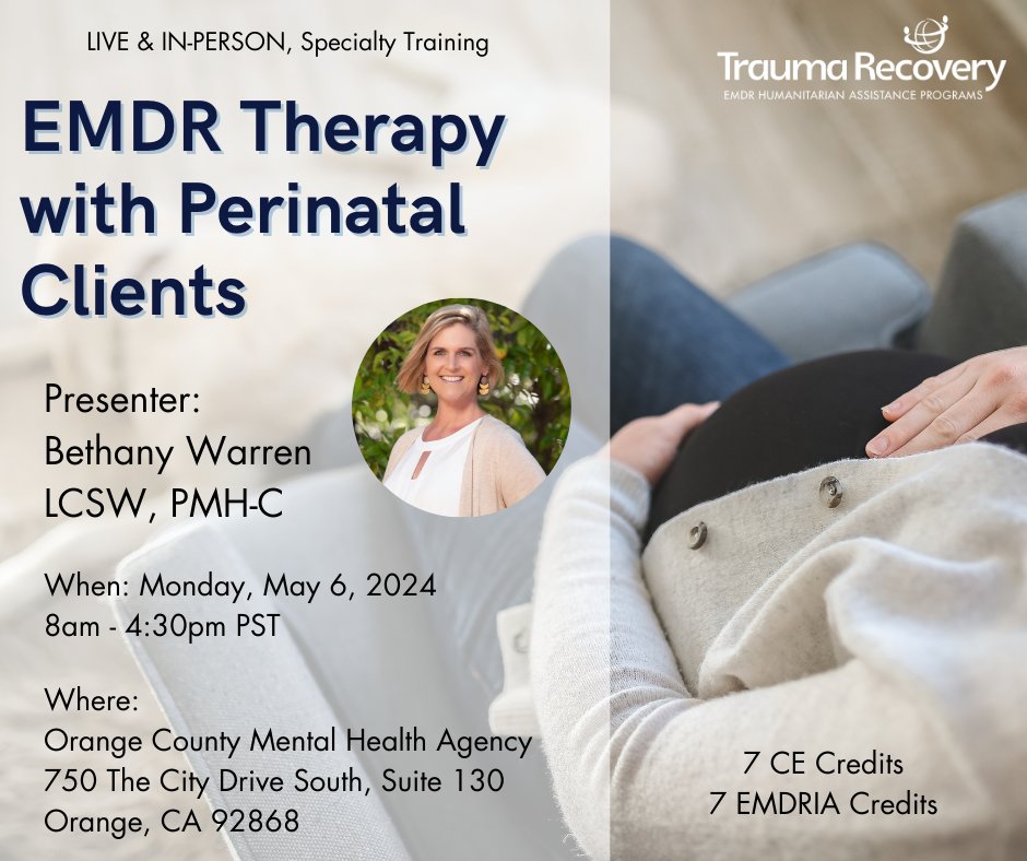 🚨Last call to register for #EMDRTherapy with Perinatal Clients.🚨

Attendees with understand the nuances of working with perinatal clients, including treating Perinatal Mood & Anxiety Disorders, reproductive trauma & loss. 

Sign up here: ow.ly/PLKL50QIP4x