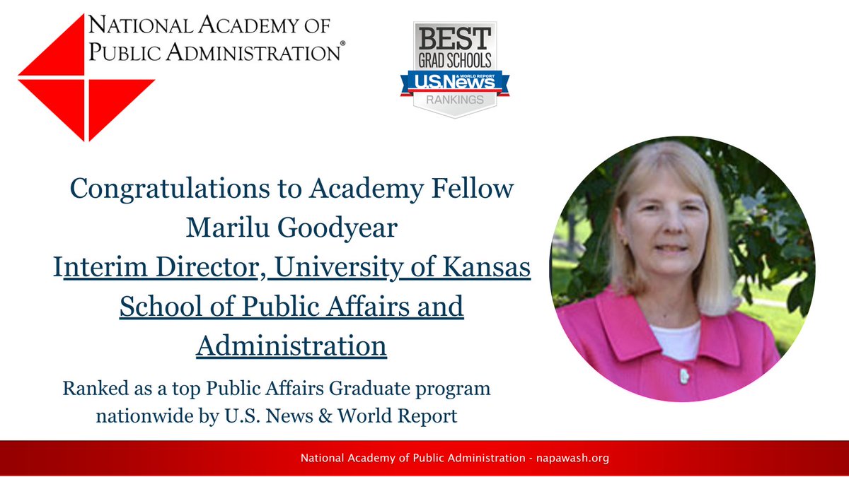 Congratulations to KU School of Public Affairs & Administration and Academy Fellow Interim Director Marilu Goodyear for being named one of the top-ranked master's programs in public affairs in the 2024 U.S. News & World Report list of #BestGradSchools!

usnews.com/best-graduate-…
