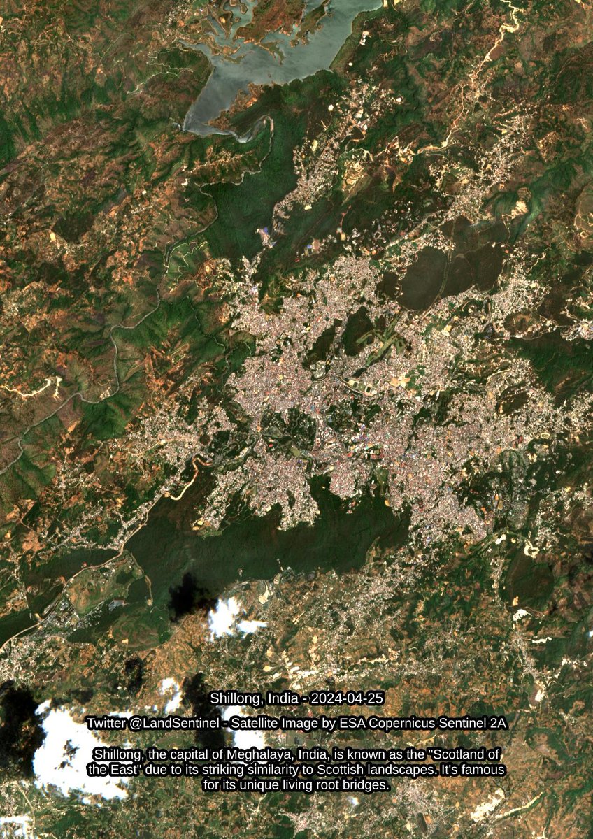 Shillong - India - 2024-04-25 Shillong, the capital of Meghalaya, India, is known as the 'Scotland of the East' due to its striking similarity to Scottish landscapes. It's famous for its unique living root bridges. #SatelliteImagery #Copernicus #Sentinel2