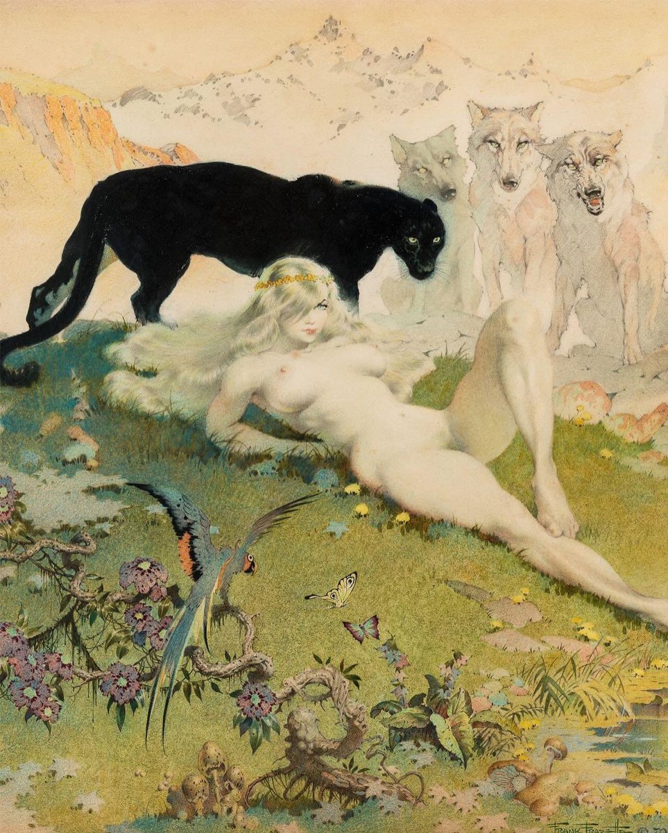 “This is my favorite subject matter...a Frazetta girl, erotic, yet innocent, lush vegetation, cats...the feline form. This is the ‘pure’ Frazetta.” - Frank Frazetta on his 𝑮𝒐𝒍𝒅𝒆𝒏 𝑮𝒊𝒓𝒍 masterpiece. #FrazettaGirls
.
𝑮𝒐𝒍𝒅𝒆𝒏 𝑮𝒊𝒓𝒍 accomplished in watercolor…