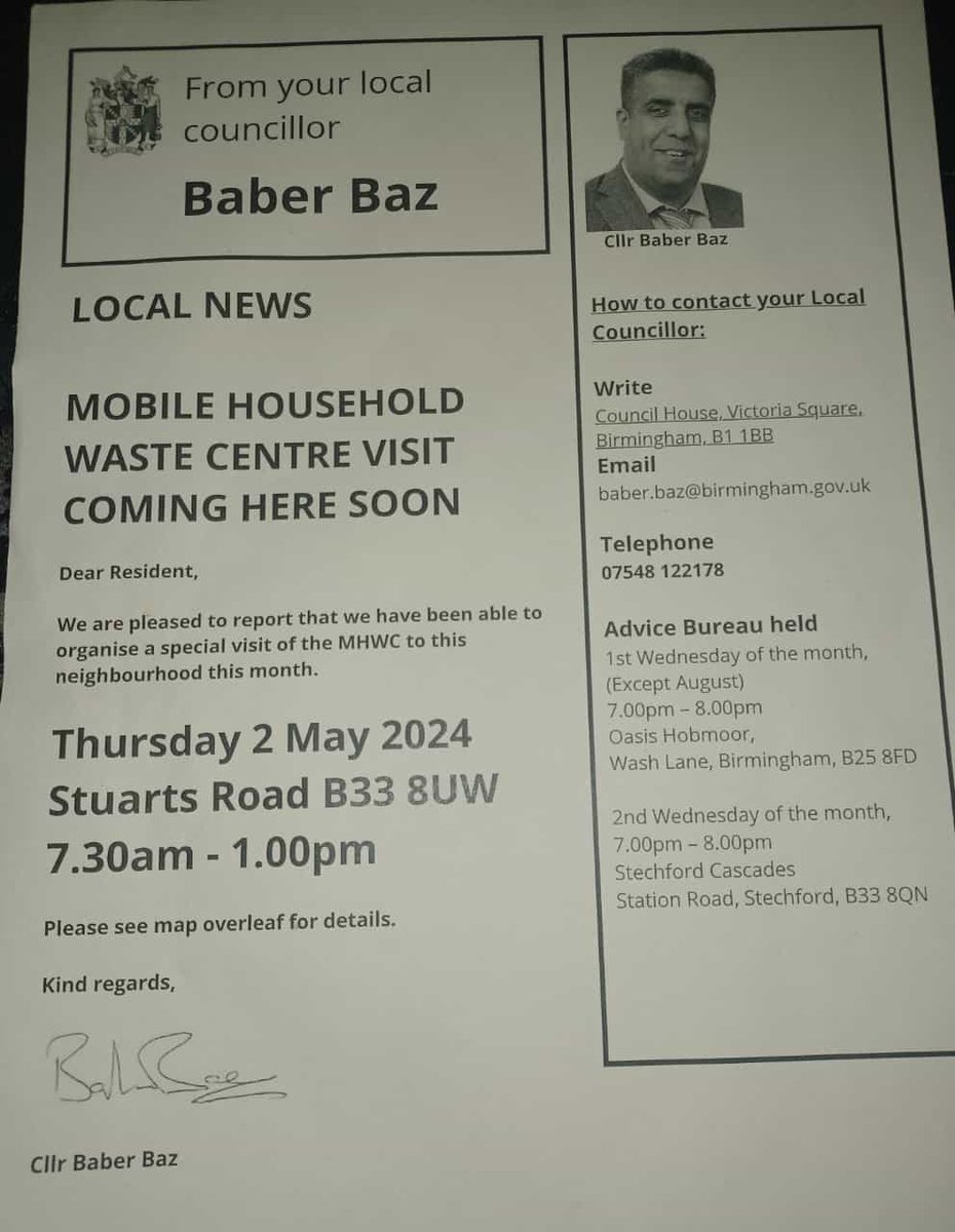 Mobile Household Waste Centre visits Stuarts Road Stechford on 2nd May between 7.30am till 1pm.( Parked near Marlborough Park entrance) #YardleyWest&StechfordWard