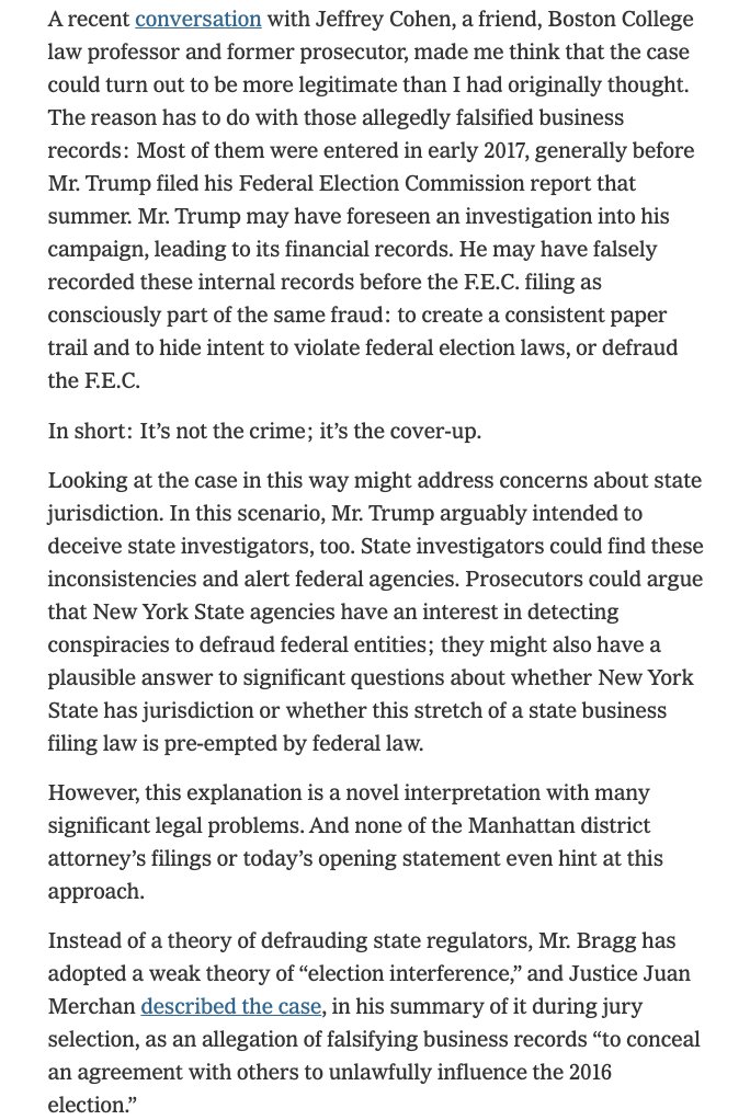 The @ManhattanDA's defenders have take a lot of shots at my essay's critiques of the case. That's understandable. I don't get why they don't acknowledge my suggested solution to the case's substantive & jurisdictional problems, with Jeffrey Cohen: nytimes.com/2024/04/23/opi…