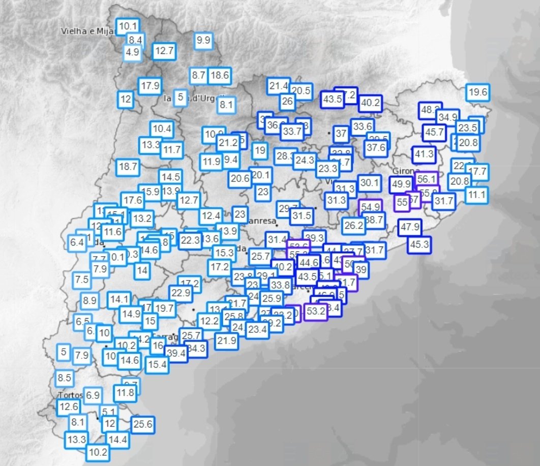 Mapa de pluja acumulada avui fins a les 18 h. No cal dir que són valors completament provisionals, ja que continua plovent. Alguns registres: 69 l/m² a la Cellera de Ter i Riudarenes, 60 l/m² al PN del Garraf - el Rascler i més de 50 a barris de BCN, Girona... mapa del Meteocat.