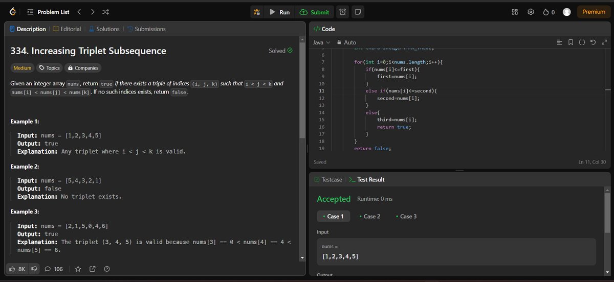 anupamk22024111's tweet image. "Day 18: Navigated the labyrinth of LeetCode, unlocking the secrets of the 'Increasing Triplet Subsequence.' Each problem solved is a victory in the epic saga of code conquest! 🚀💻 #LeetCodeLegends #CodeConquest #ProblemSolved #AlgorithmAdventure #100DaysOfCode