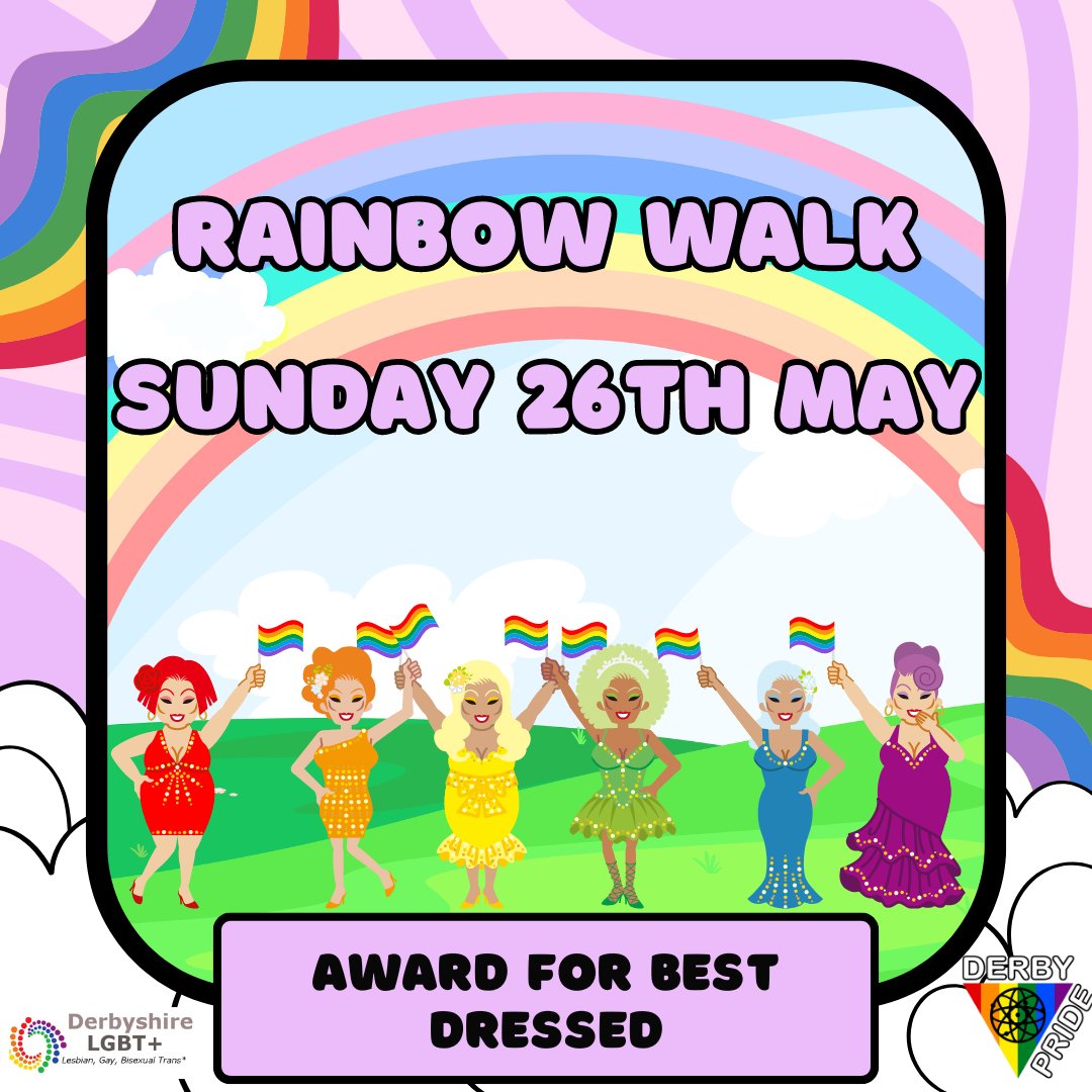 We are giving out a prize for the best dressed walker this year ✨🥳🏳️‍⚧️🏳️‍🌈 Get fabulous! Register online here: outsavvy.com/event/14944/ra… or you can register in person at our Derby Community Centre! If you have any questions then drop us a DM or email info@derbyshirelgbt.org.uk