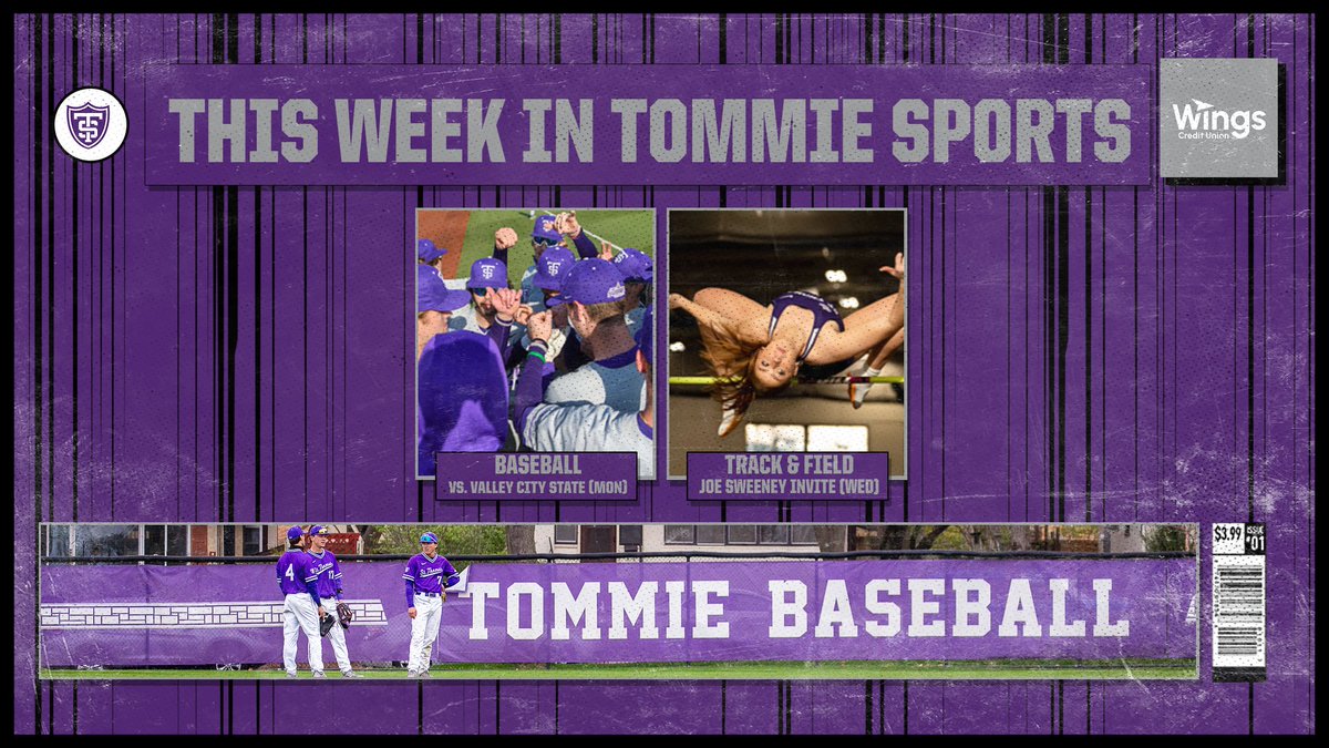 First pitch in one hour for our lone home diamond event of the week while Tommie Track & Field compete in their final tune up before next week's @TheSummitLeague Outdoor Track Championships in St. Paul. This Week In Tommie Sports presented by @Wings_CU! #RollToms