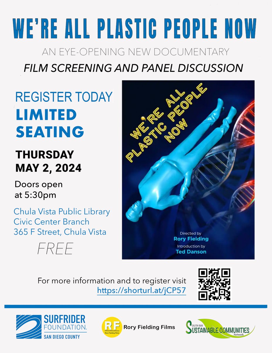 Join <a href="/SurfriderSD/">Surfrider San Diego</a> on Thursday, May 2nd for a film screening and panel discussion on the human health impacts of plastics and plastic-related chemicals. Register here: volunteer.surfrider.org/timeslots/CTHg…
