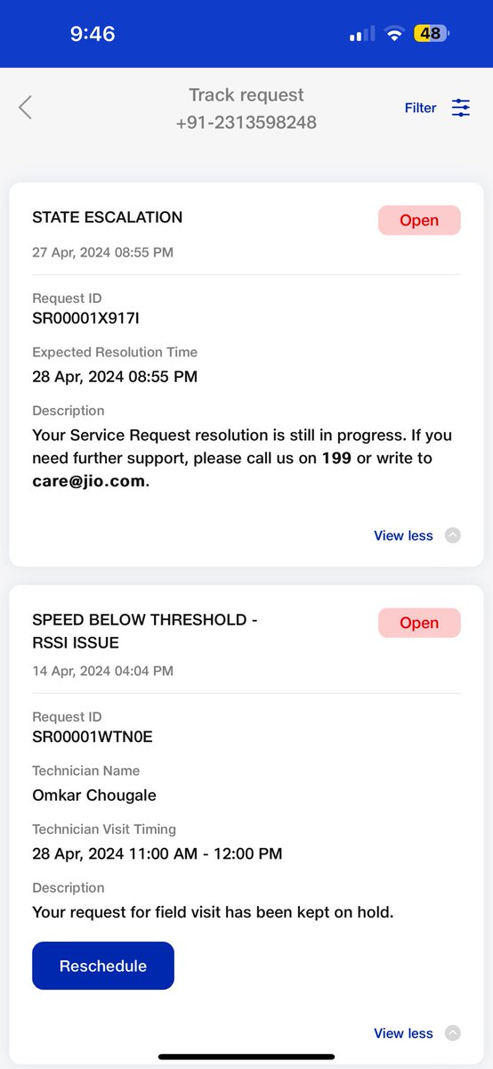 Ashamed to be a Jio Air Fiber User !!! Worst service ever - a business of looting people , if you people cannot provide the said things and said range then do not make fake promises. These issue are still open and mo one has come to resolve @JioCare @reliancejio