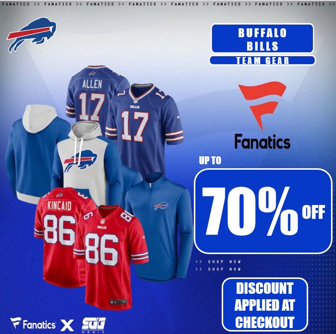 BUFFALO BILLS SUPER SALE <a href="/Fanatics/">Fanatics</a>🏆

BILLS MAFIA‼️ Gear up for 2024 and get up to 70% OFF Buffalo Bills gear using THIS PROMO LINK: fanatics.93n6tx.net/BILLSDEAL 📈

HURRY! DEAL ENDS TODAY🔥