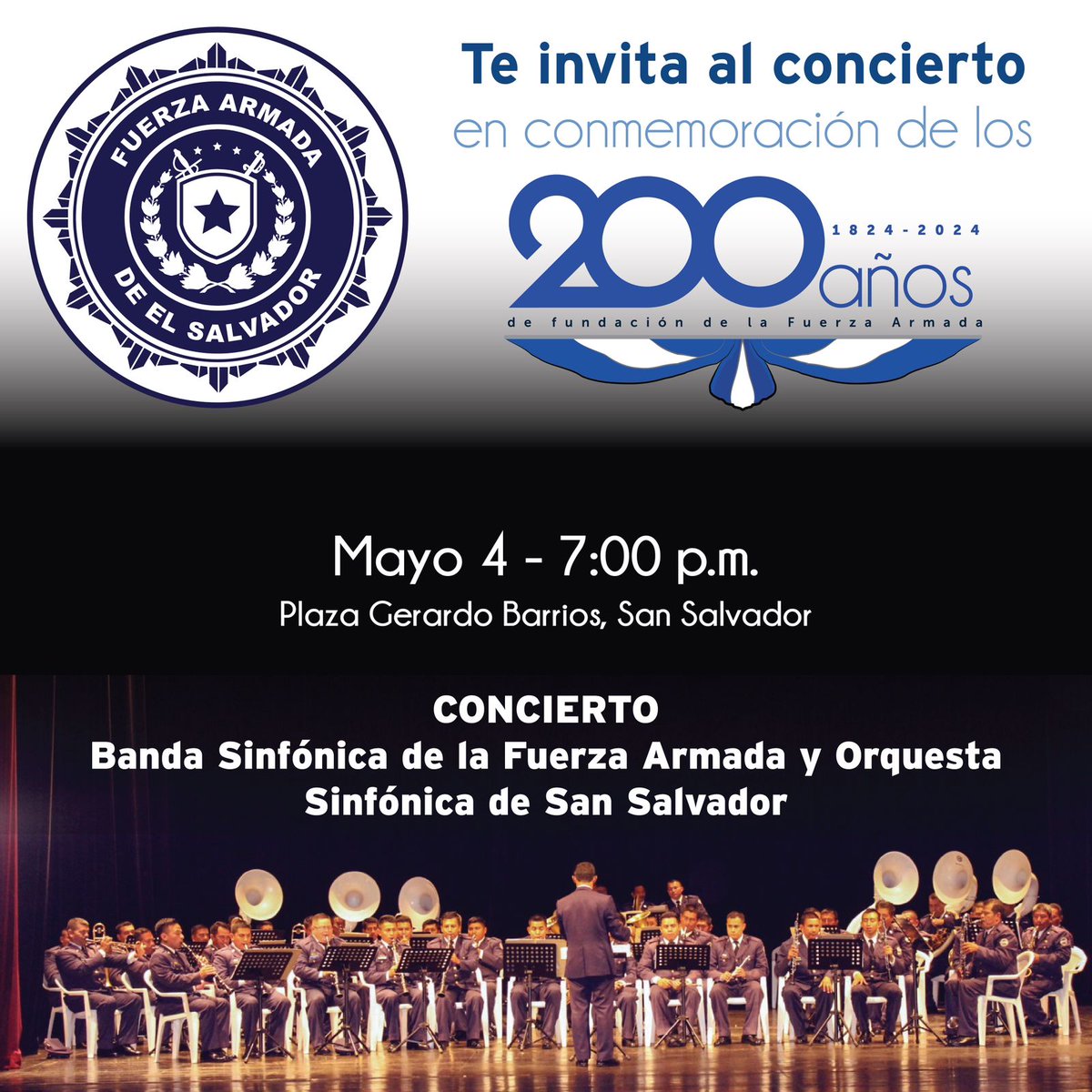 Te invitamos al magistral concierto en conmemoración de nuestro bicentenario de fundación, con la participación de la Banda Sinfónica de la Fuerza Armada y la Orquesta Sinfónica de San Salvador.

Ven y disfruta en familia, este sábado 04 de mayo, a partir de las 7:00 pm, en la