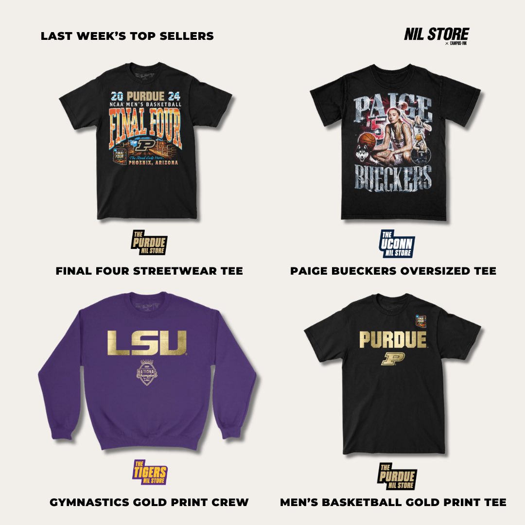 Basketball drops still getting a lot of ❤️ this past week 🏀 1. @PurdueNILStore Final Four Streetwear Tee 2. @UConnNILStore Paige Bueckers Oversized Print Tee 3. @PurdueNILStore Men’s Basketball Gold Print Tee 4. @LSUNILStore Gymnastics Gold Print Crew