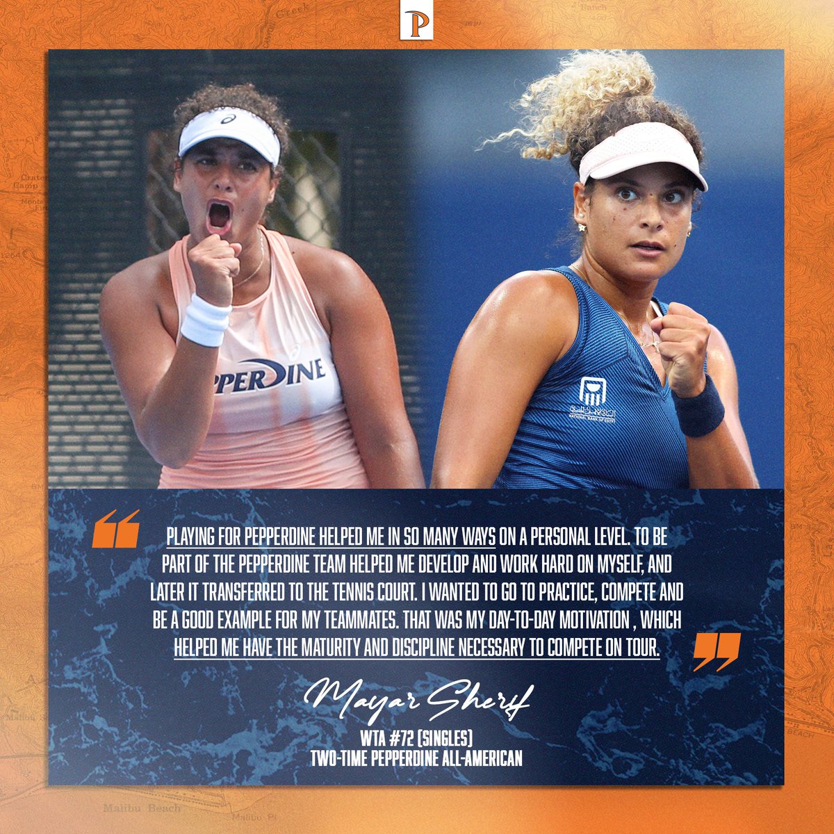 🗣️ 'I wanted to go to practice, compete and be a good example for my teammates, which helped me have the 𝐦𝐚𝐭𝐮𝐫𝐢𝐭𝐲 and 𝐝𝐢𝐬𝐜𝐢𝐩𝐥𝐢𝐧𝐞 necessary to compete on tour.'

Hear from top-100 singles player Mayar Sherif about how Pepperdine has helped her as a pro!

#WavesUp