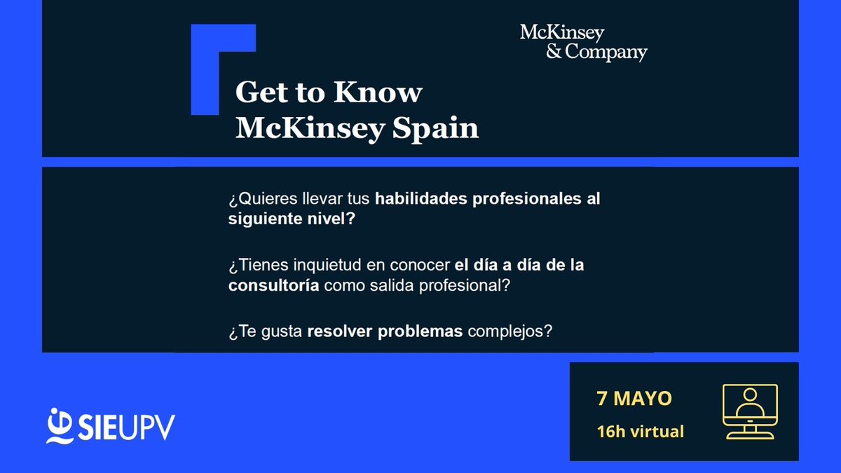 ¡McKinsey realizará un evento virtual el día 7️⃣ de Mayo a las 16:00h! Podrás explorar las oportunidades de desarrollo de carrera, recibirás consejos sobre cómo mejorar tu CV y conocerás consultores de McKinsey y sus propias experiencias. jobs.mckinsey.com/events/Rsvp/?f…🔗