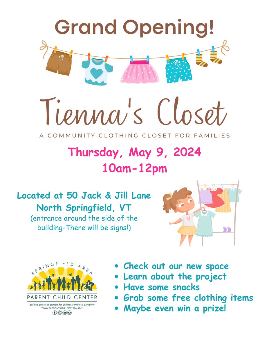 HCRSVT's tweet photo. Grand Opening! The Springfield Area Parent Child Center proudly unveils a haven for families in need on 5/9 – a community clothing closet that's a beacon of hope and support for our community. Congratulations to them on this essential initiative! #CommunityCaring #hcrsvt https://t.co/6Mc0RHgbEj