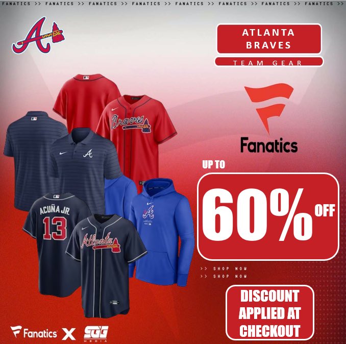 BRAVES MEGA SALE, @Fanatics! UP TO 60% OFF ATLANTA BRAVES GEAR!🏆 BRAVES FANS‼️ Get up to 60% OFF your team’s gear today at Fanatics using THIS PROMO LINK: fanatics.93n6tx.net/BRAVESGEAR 📈 DEAL ENDS SOON! 🤝